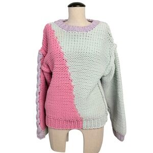 LoveShackFancy Women XS Chunky Knit Colorblock Sweater Pink Mint Lavender Pastel